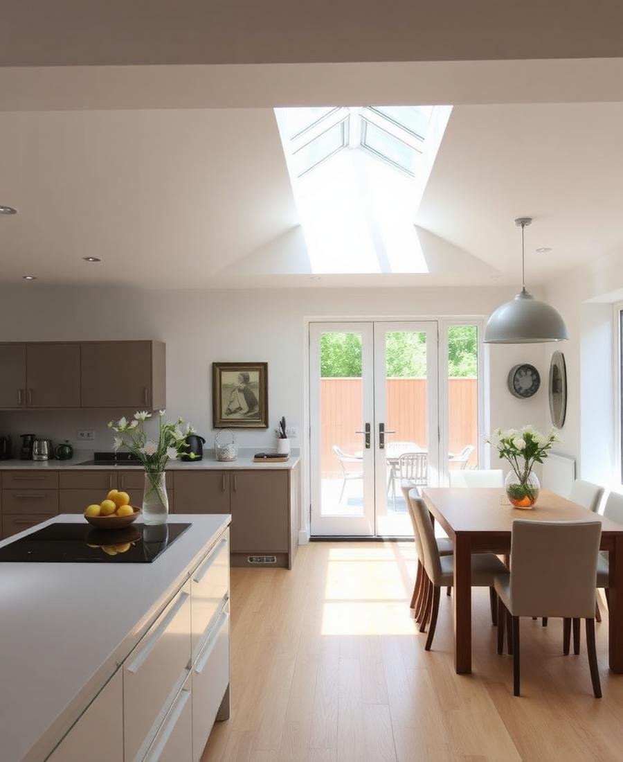 Open-plan kitchen extension interior with roof lantern